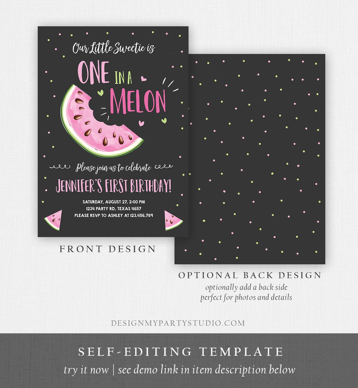 Editable Watermelon Birthday Invitation Girl Pink Red One in a Melon Party Summer Fruit First Birthday 1st Corjl Template Printable 0326