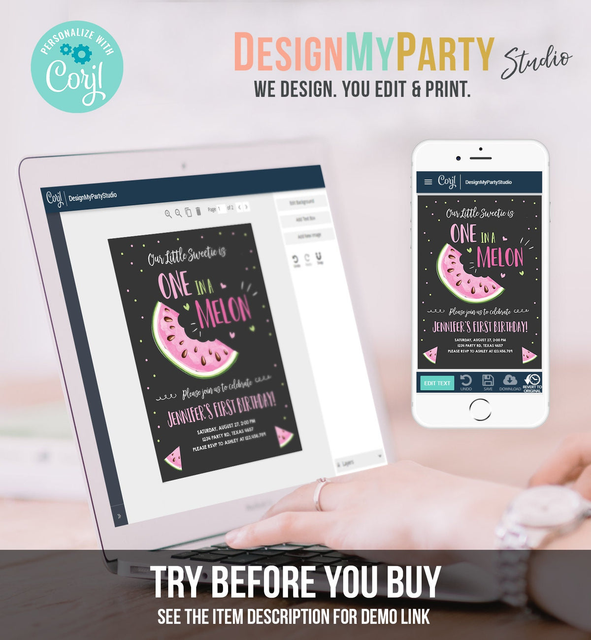 Editable Watermelon Birthday Invitation Girl Pink Red One in a Melon Party Summer Fruit First Birthday 1st Corjl Template Printable 0326