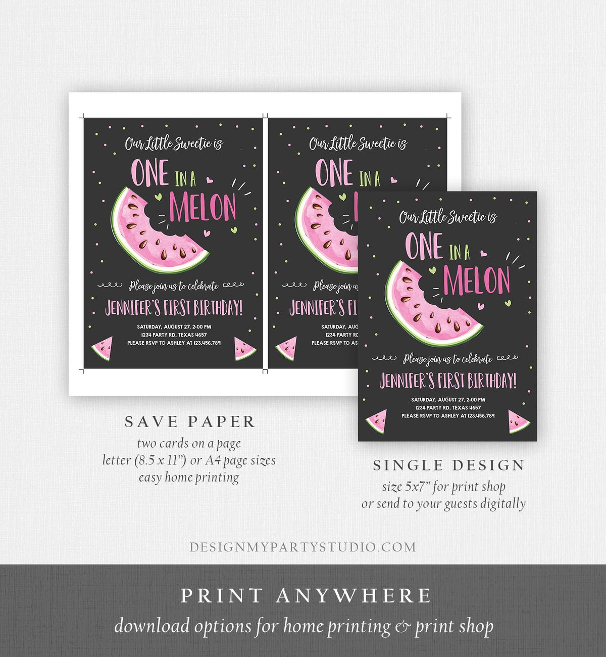 Editable Watermelon Birthday Invitation Girl Pink Red One in a Melon Party Summer Fruit First Birthday 1st Corjl Template Printable 0326