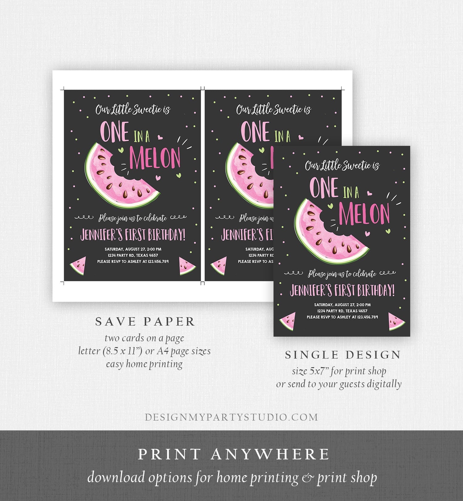 Editable Watermelon Birthday Invitation Girl Pink Red One in a Melon Party Summer Fruit First Birthday 1st Corjl Template Printable 0326