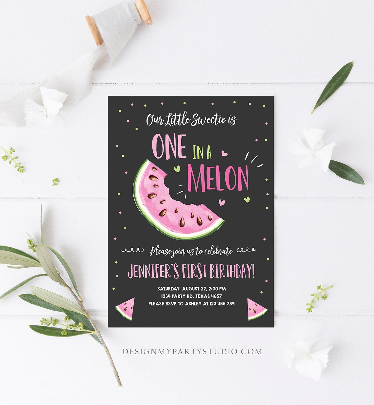 Editable Watermelon Birthday Invitation Girl Pink Red One in a Melon Party Summer Fruit First Birthday 1st Corjl Template Printable 0326