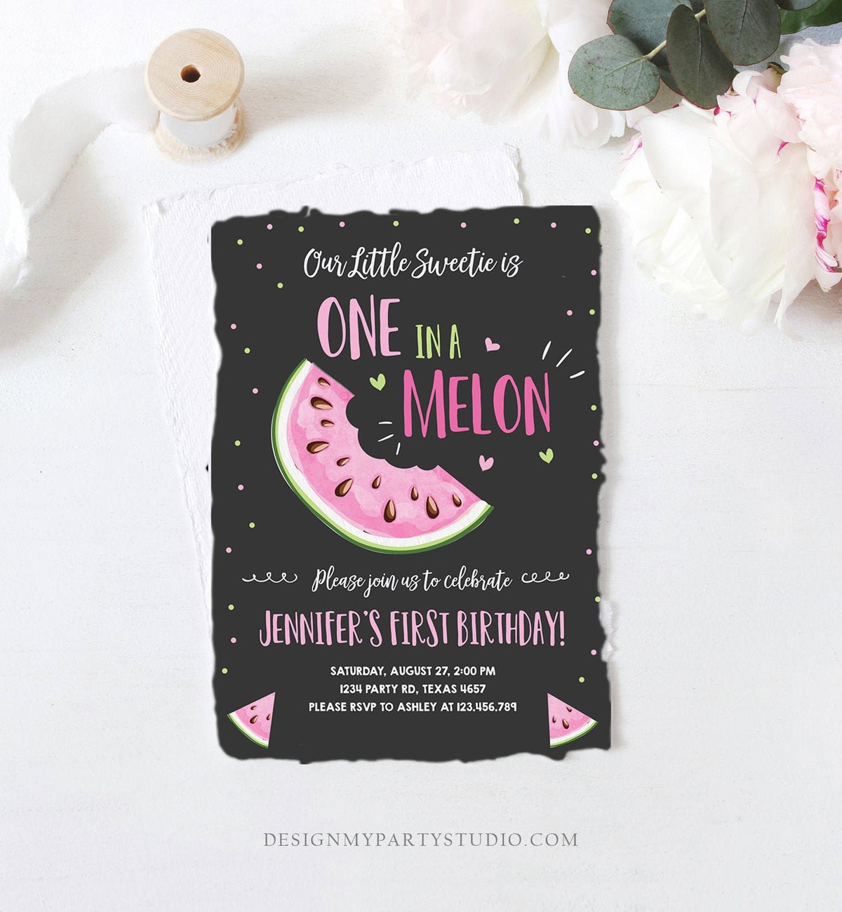Editable Watermelon Birthday Invitation Girl Pink Red One in a Melon Party Summer Fruit First Birthday 1st Corjl Template Printable 0326