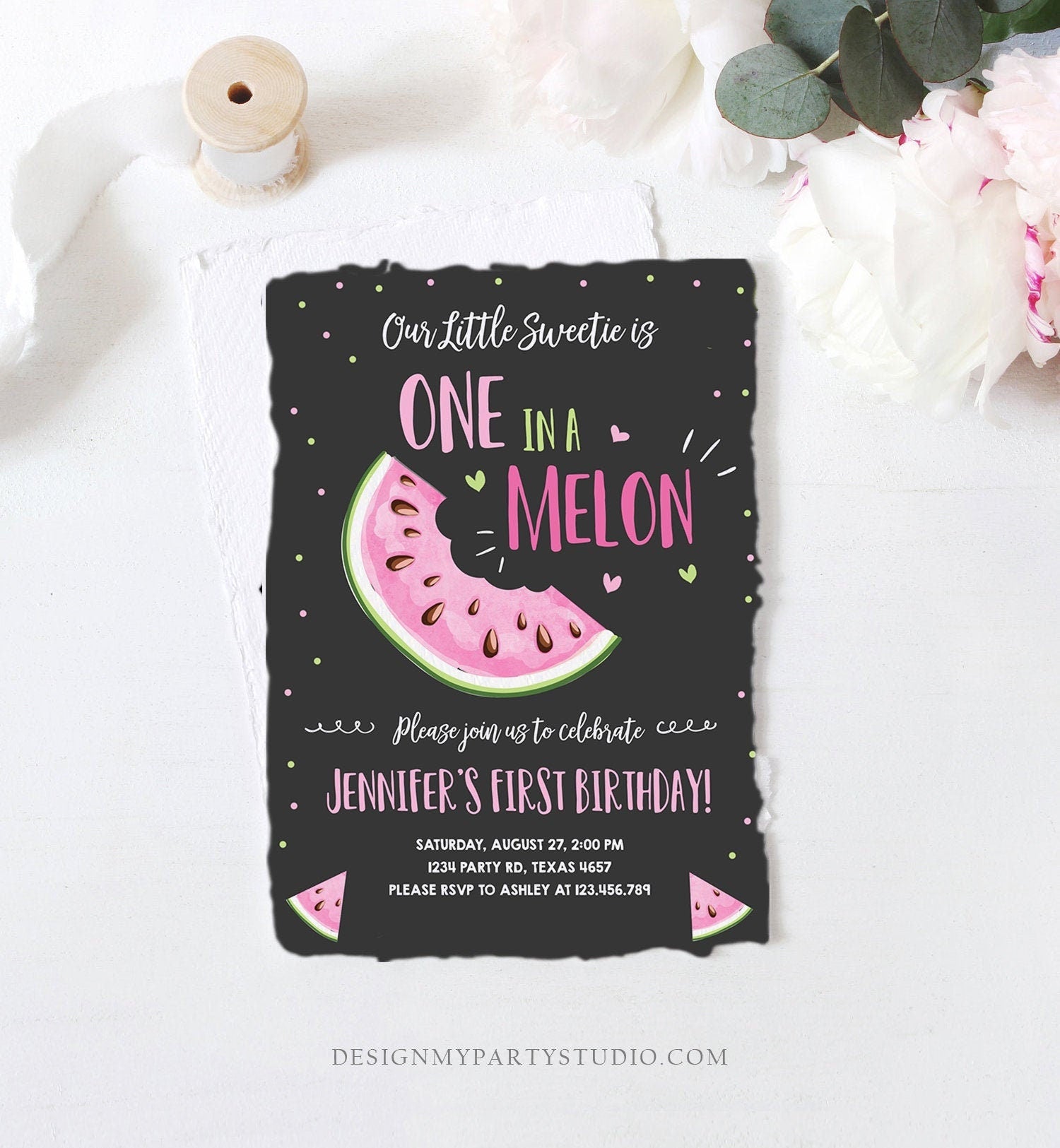 Editable Watermelon Birthday Invitation Girl Pink Red One in a Melon Party Summer Fruit First Birthday 1st Corjl Template Printable 0326