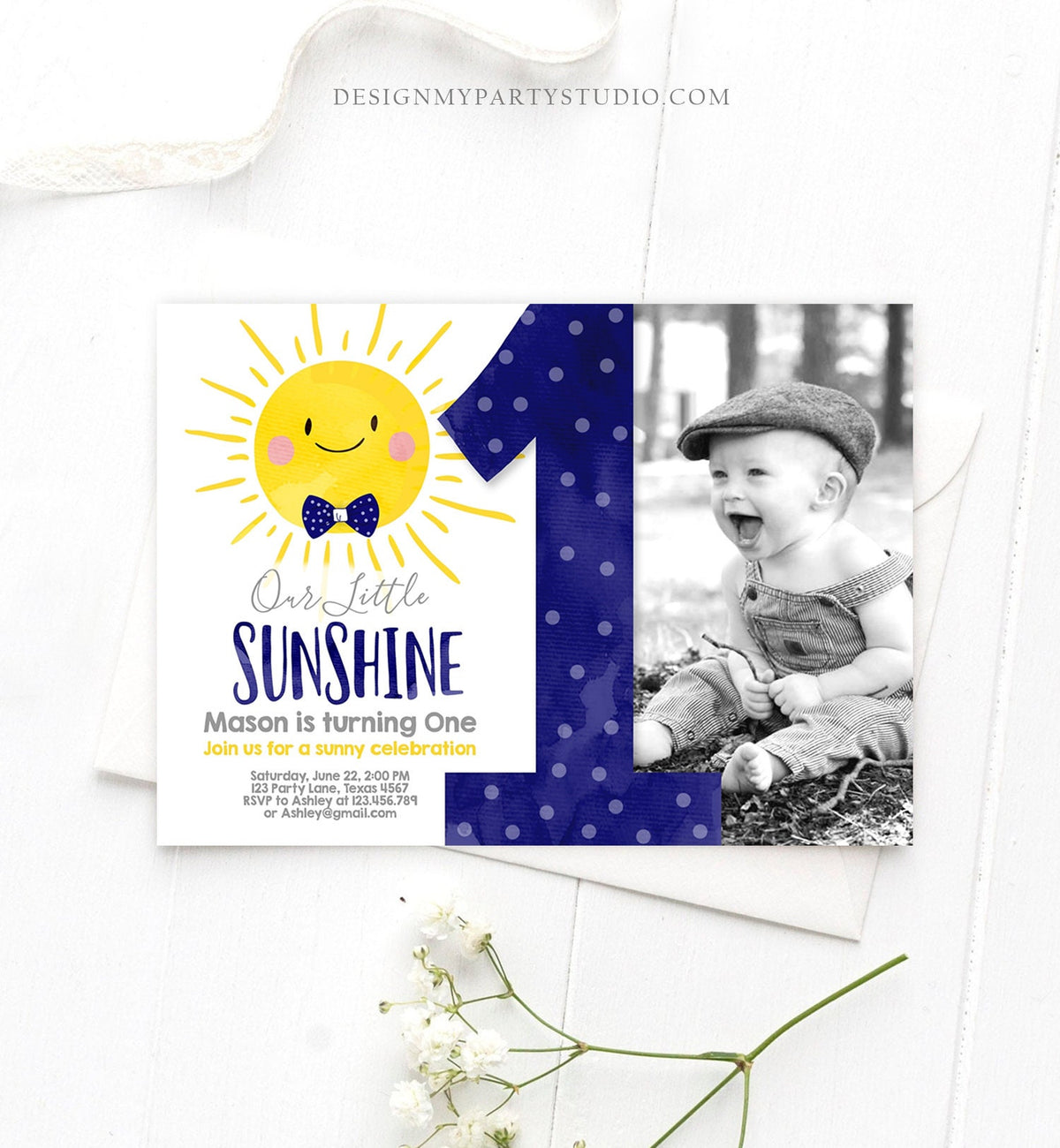 Editable Our Little Sunshine Birthday Invitation You Are My Sunshine Navy Blue Boy Summer 1st Birthday Printable Corjl Template 0141