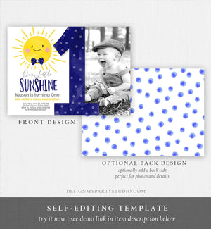 Editable Our Little Sunshine Birthday Invitation You Are My Sunshine Navy Blue Boy Summer 1st Birthday Printable Corjl Template 0141