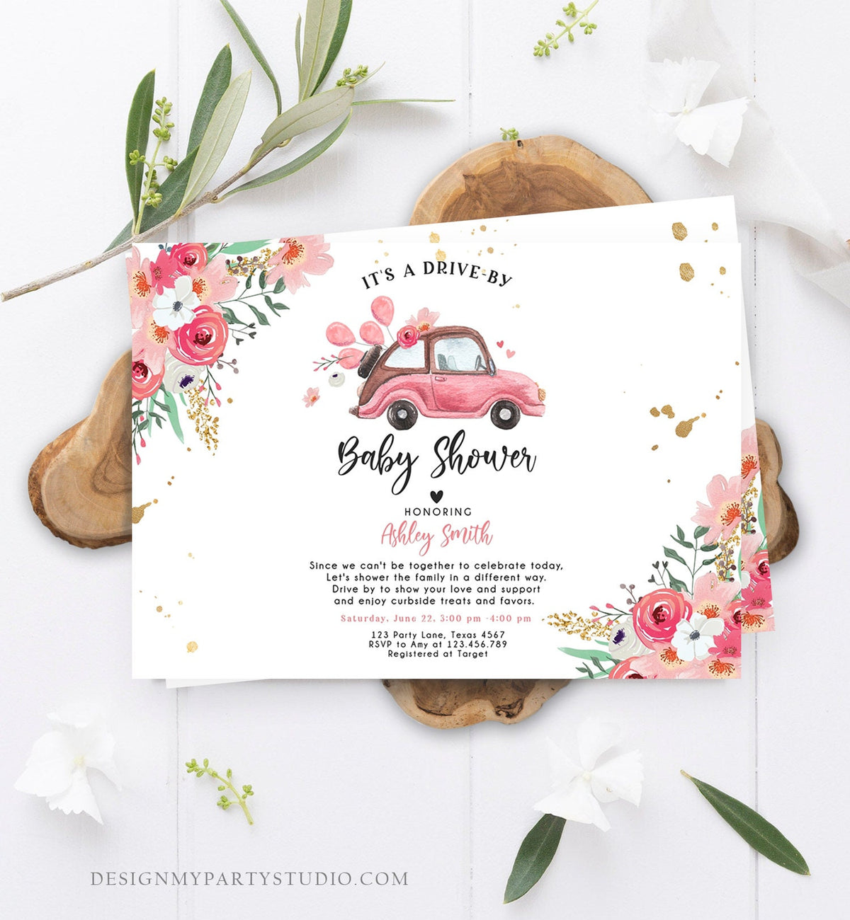 Editable Drive By Baby Shower Invitation Pink Girl Baby Shower Invite Quarantine Drive Through Floral Sprinkle Template Download Corjl 0335