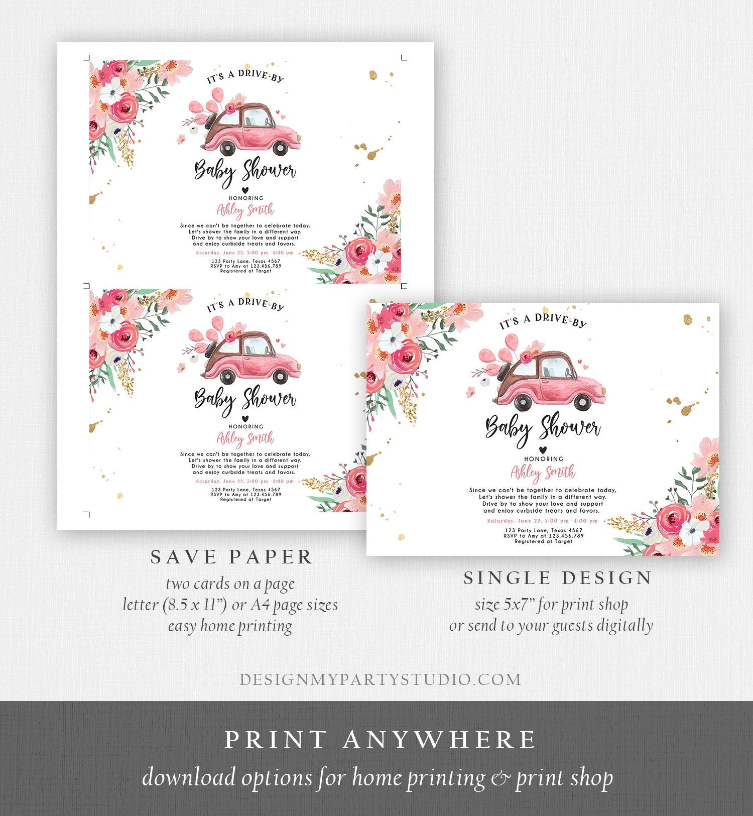 Editable Drive By Baby Shower Invitation Pink Girl Baby Shower Invite Quarantine Drive Through Floral Sprinkle Template Download Corjl 0335