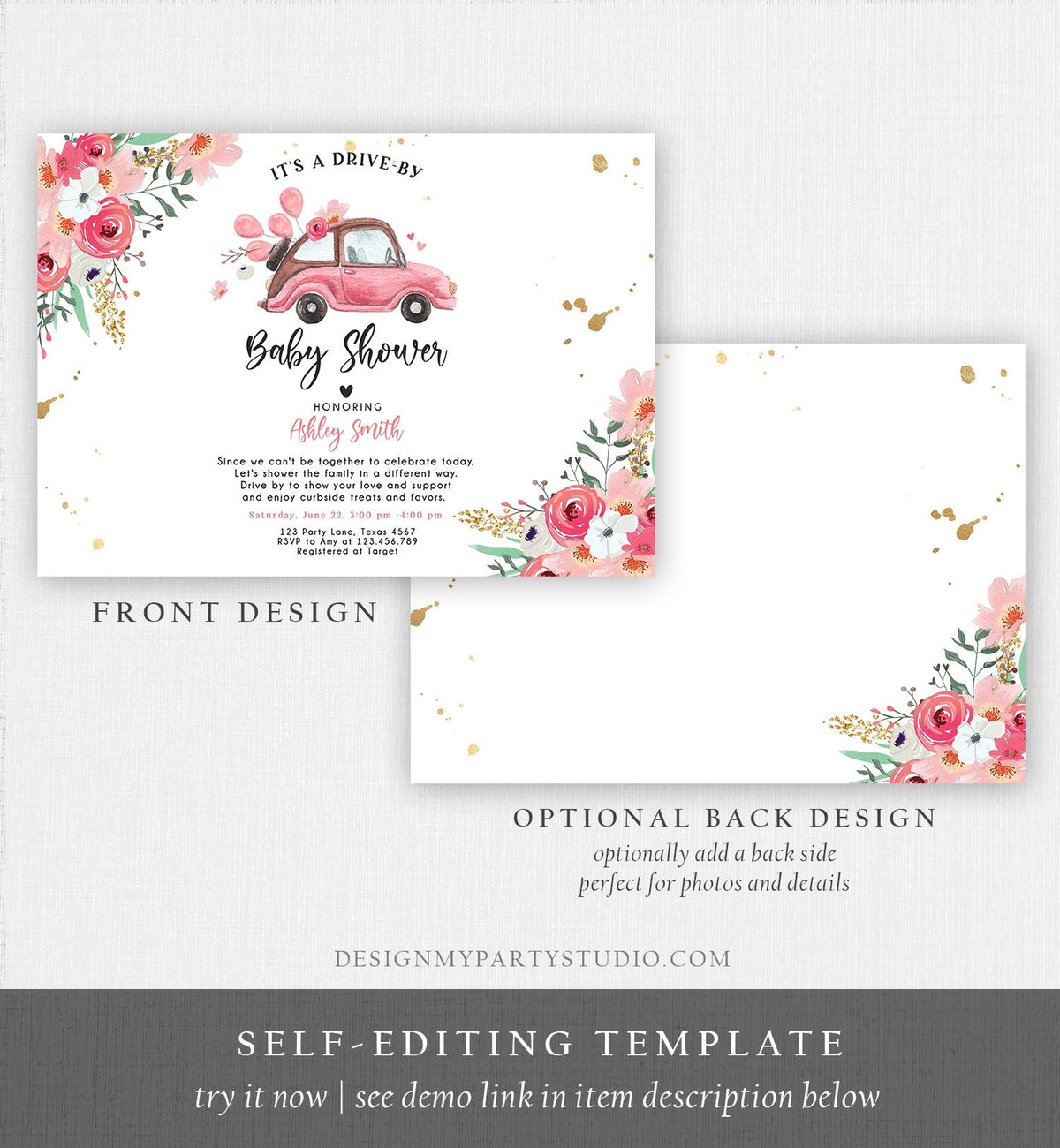 Editable Drive By Baby Shower Invitation Pink Girl Baby Shower Invite Quarantine Drive Through Floral Sprinkle Template Download Corjl 0335
