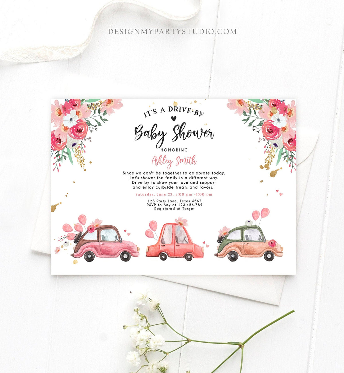 Editable Drive By Baby Shower Invitation Pink Girl Baby Shower Invite Quarantine Drive Through Floral Sprinkle Template Download Corjl 0335