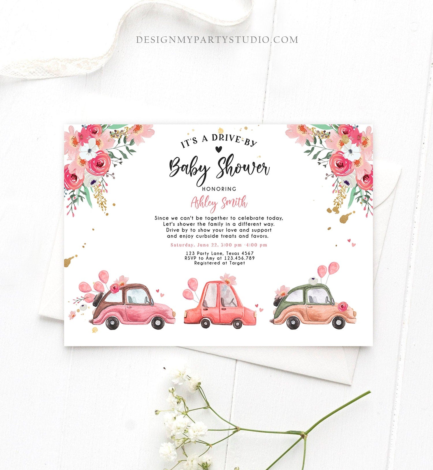 Editable Drive By Baby Shower Invitation Pink Girl Baby Shower Invite Quarantine Drive Through Floral Sprinkle Template Download Corjl 0335