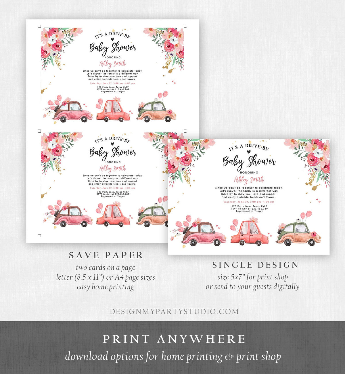 Editable Drive By Baby Shower Invitation Pink Girl Baby Shower Invite Quarantine Drive Through Floral Sprinkle Template Download Corjl 0335