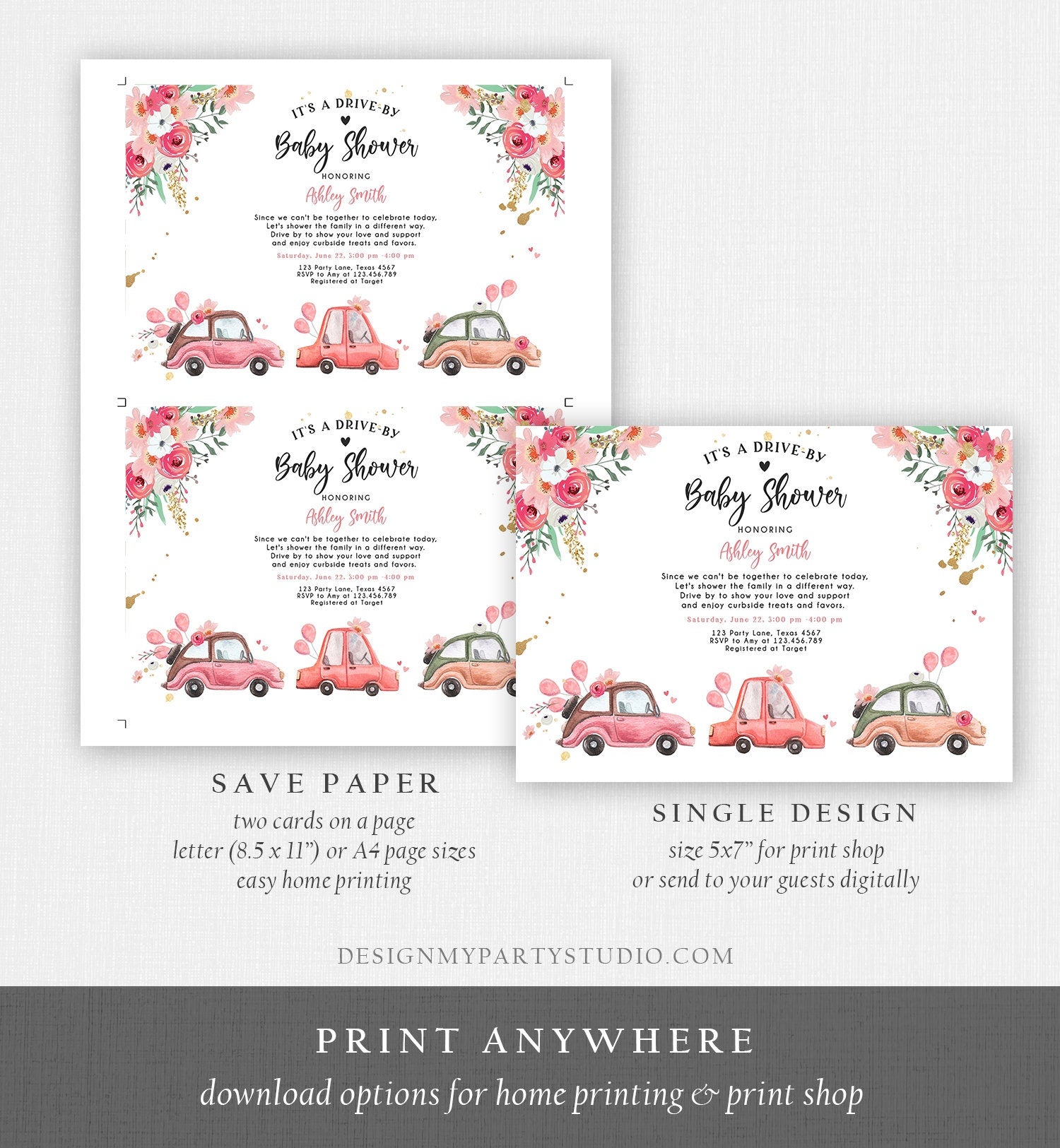Editable Drive By Baby Shower Invitation Pink Girl Baby Shower Invite Quarantine Drive Through Floral Sprinkle Template Download Corjl 0335