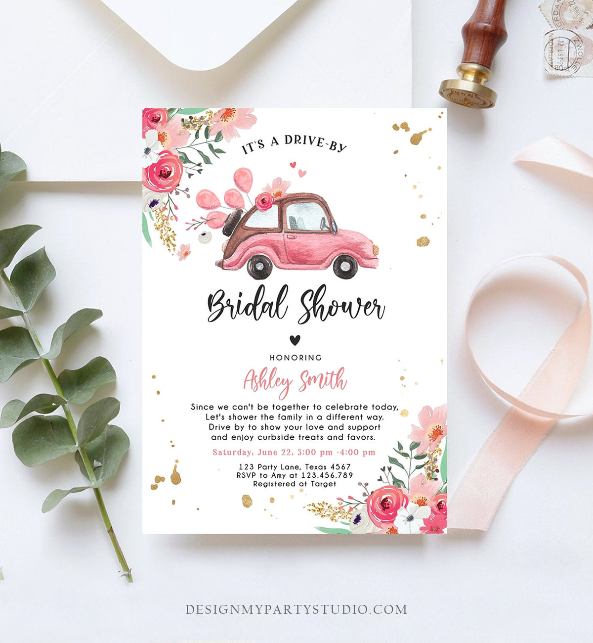 Editable Drive By Bridal Shower Invitation Couples Shower Invite Quarantine Drive Through Floral Wedding Shower Template Download Corjl 0335