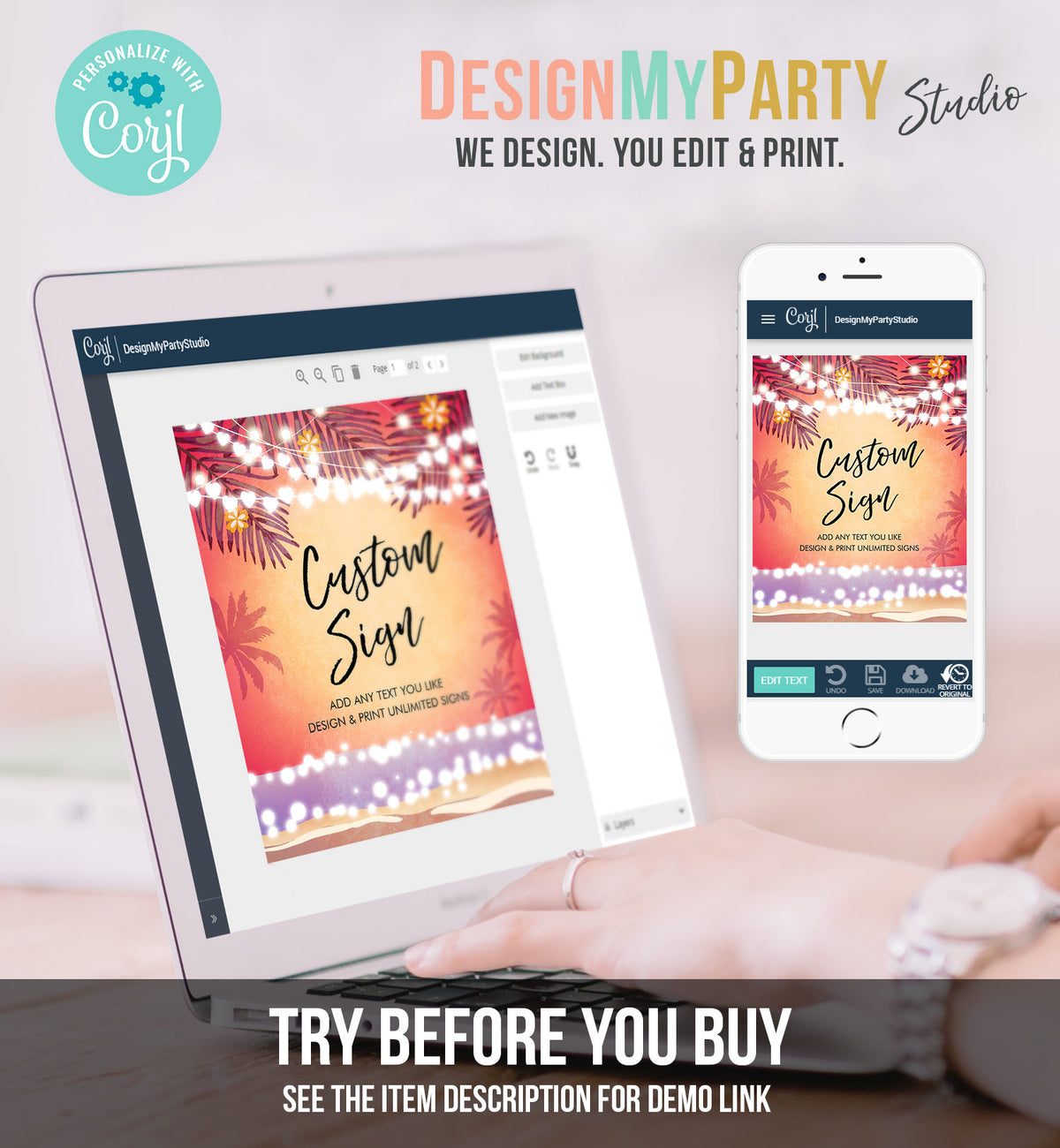 Editable Custom Sign Tropical Beach Birthday Table Sign Havana Cuban Palm Sea Dancing Party Pink Ocean 8x10 Corjl Template Printable 0287