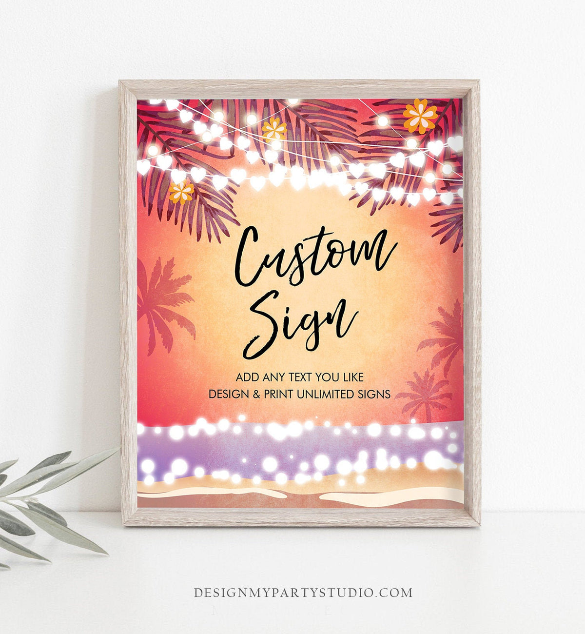 Editable Custom Sign Tropical Beach Birthday Table Sign Havana Cuban Palm Sea Dancing Party Pink Ocean 8x10 Corjl Template Printable 0287