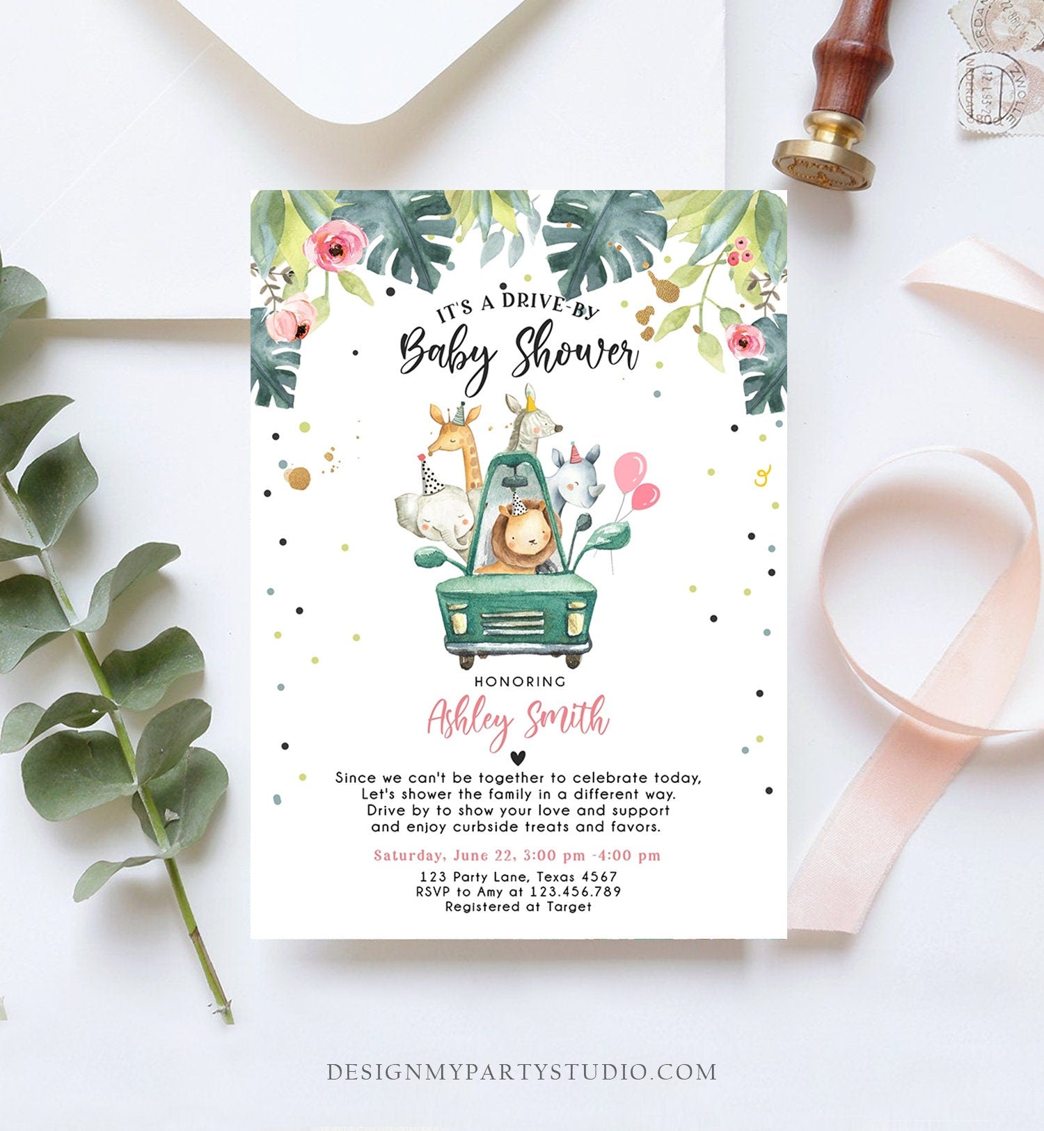 Editable Drive By Baby Shower Invitation Safari Animals Coed Shower Drive Through Quarantine Pink Girl Gold Template Download Corjl 0345
