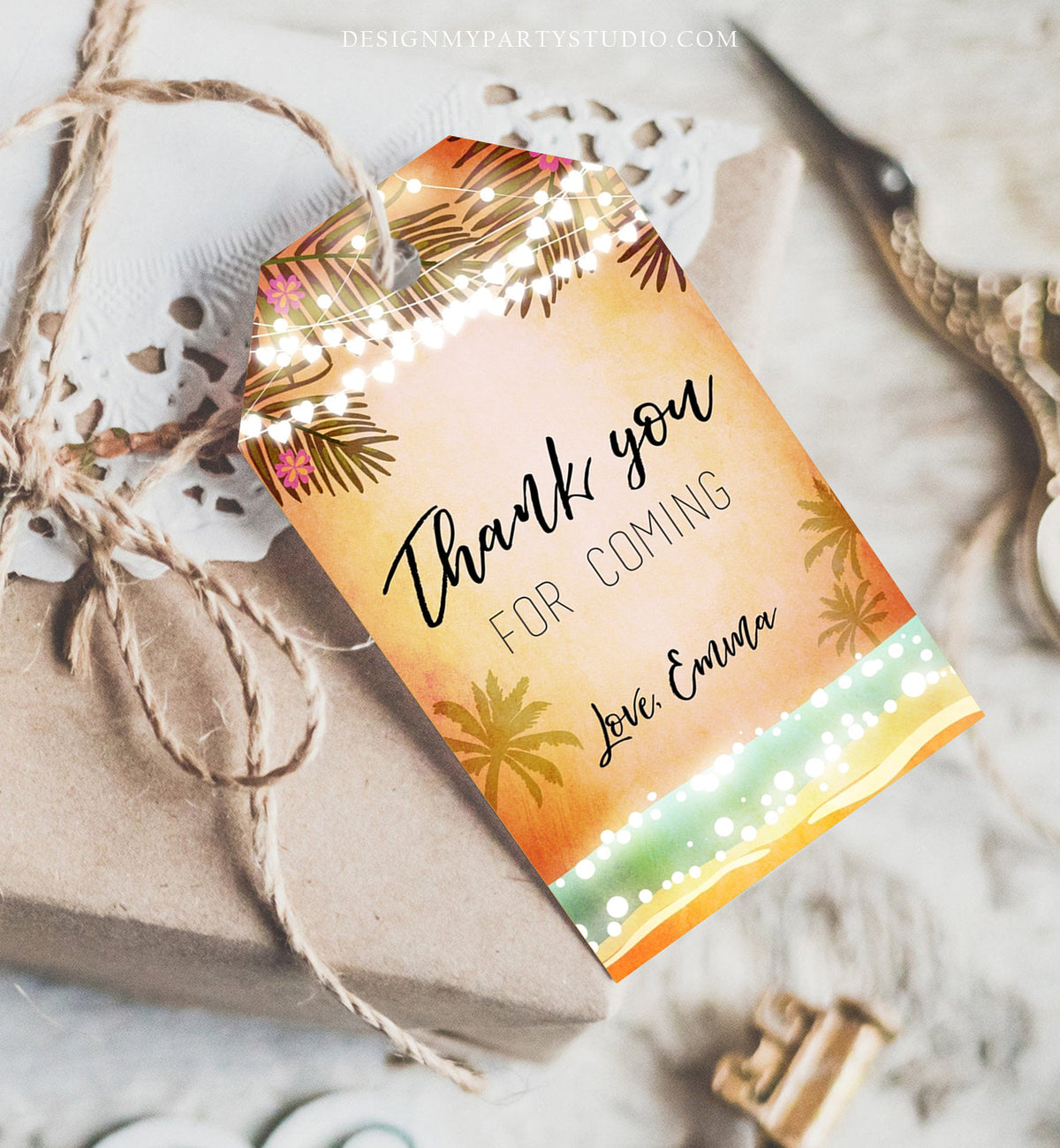 Editable Tropical Havana Favor Tags Thank You Tag Birthday Bridal Shower Cuban Sea Beach Dancing Party Palm Pink Orange Corjl Template 0176