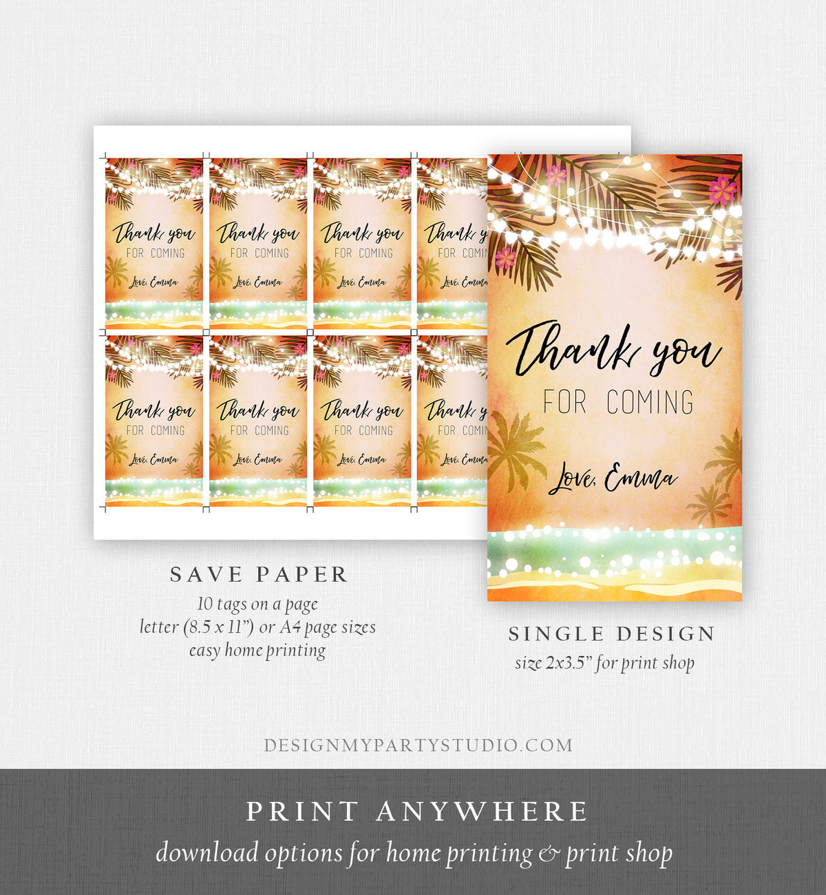 Editable Tropical Havana Favor Tags Thank You Tag Birthday Bridal Shower Cuban Sea Beach Dancing Party Palm Pink Orange Corjl Template 0176