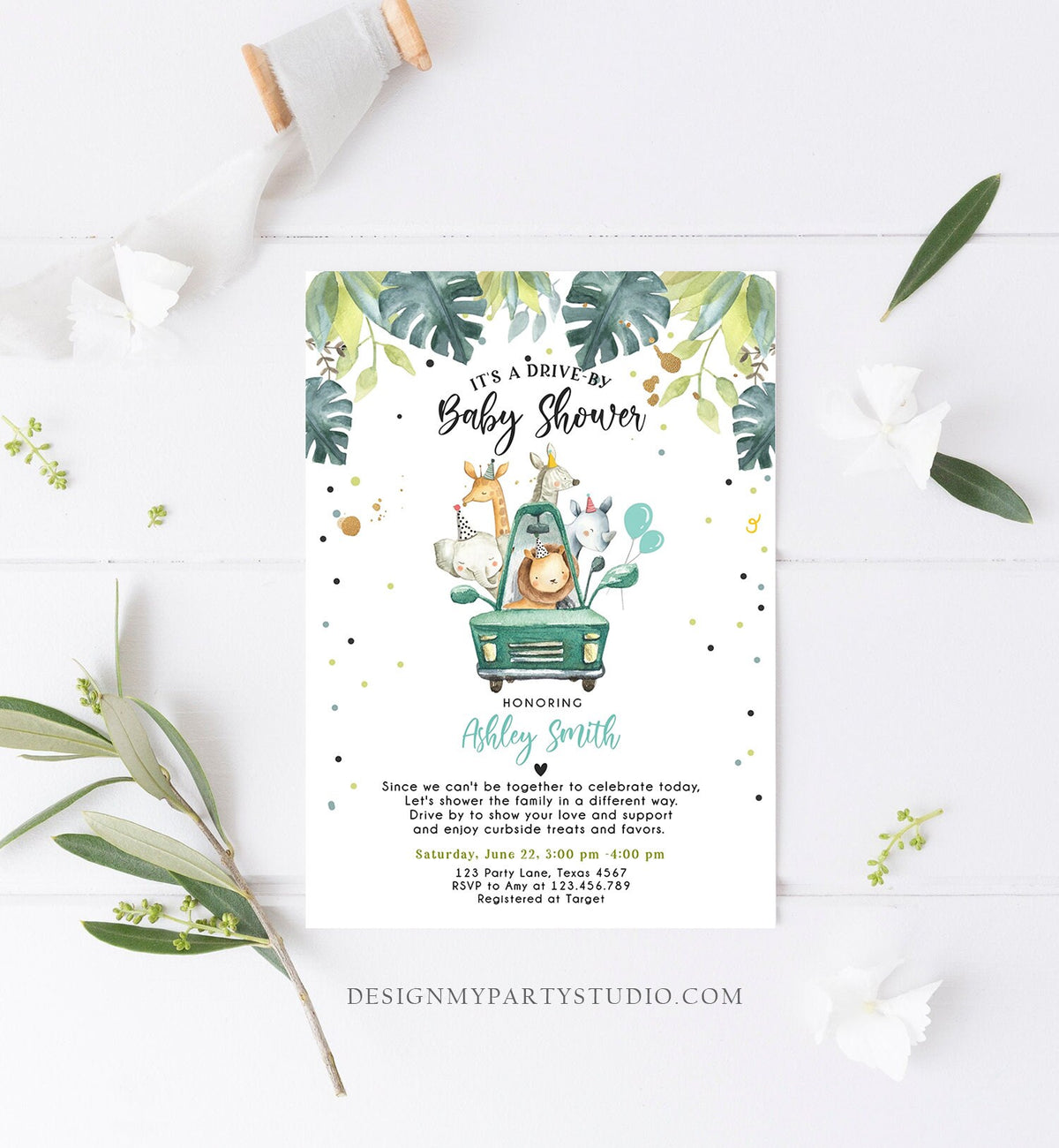 Editable Drive By Baby Shower Invitation Safari Animals Coed Shower Drive Through Quarantine Blue Boy Sprinkle Template Download Corjl 0345