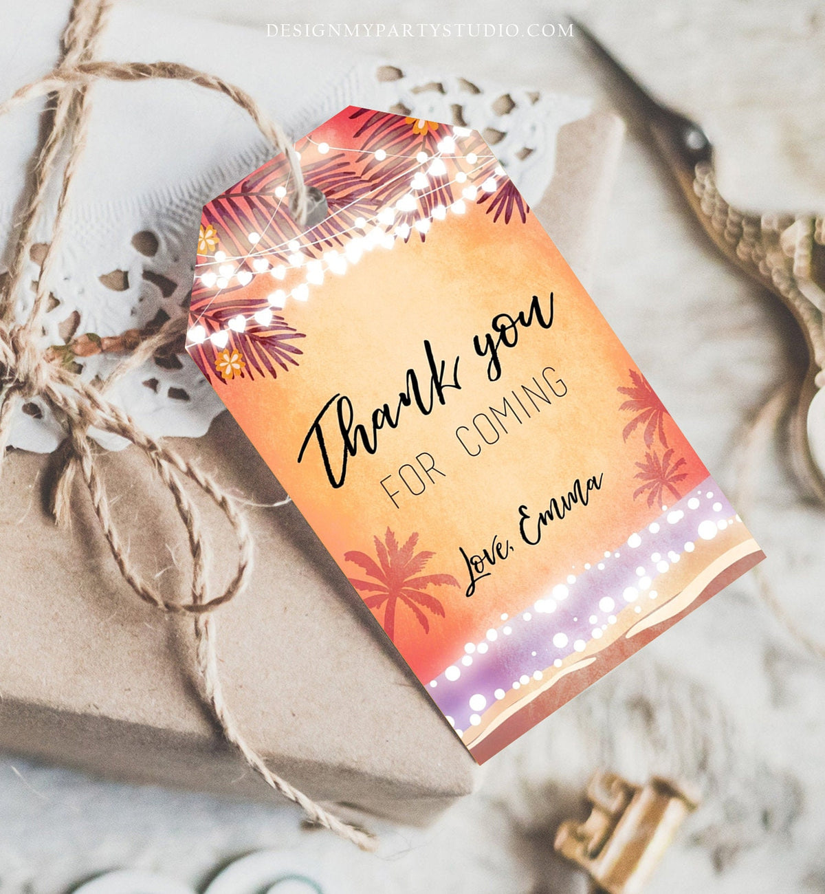 Editable Tropical Havana Favor Tags Thank You Tag Birthday Bridal Shower Cuban Sea Beach Dancing Party Palm Pink Orange Corjl Template 0287