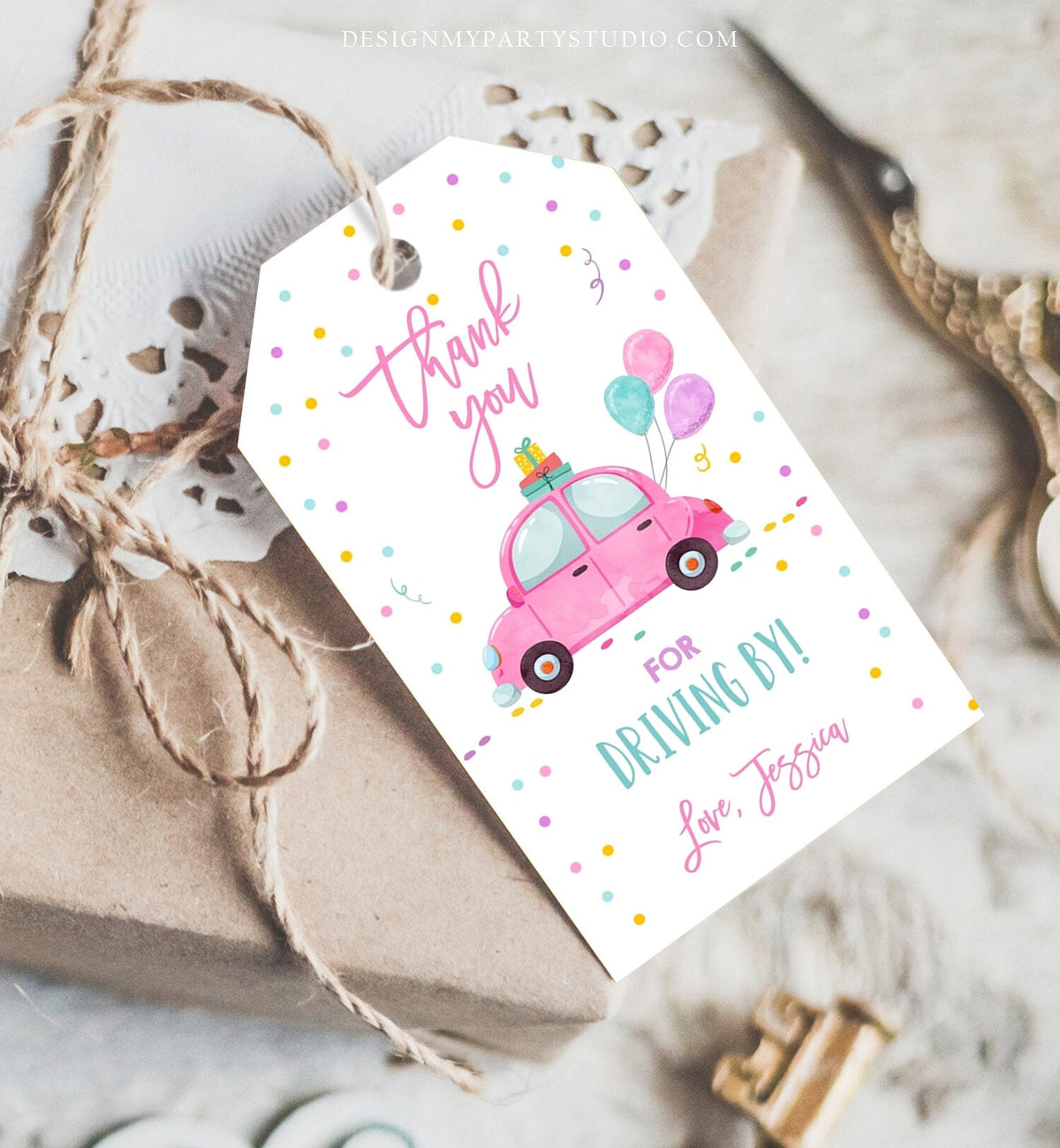 Editable Drive By Favor Tag Drive By Birthday Favors Party Parade Thank You Gift Tags Quarantine Pink Car Girl Corjl Template Printable 0333