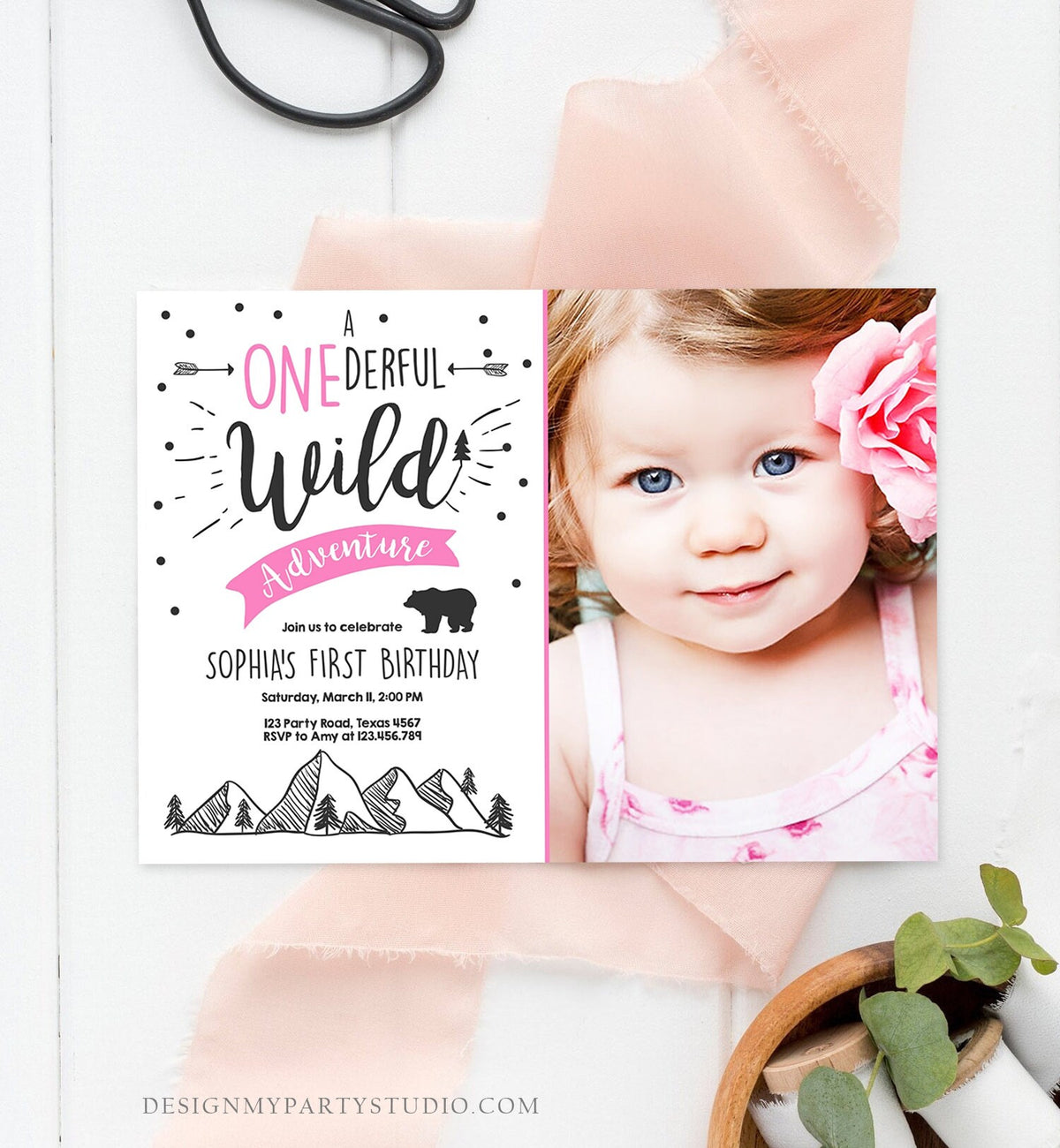 Editable A Onederful Wild Adventure First Birthday Invitation Wild Things Girl Pink Mountains Bear Lumberjack Woodland Corjl Template 0083