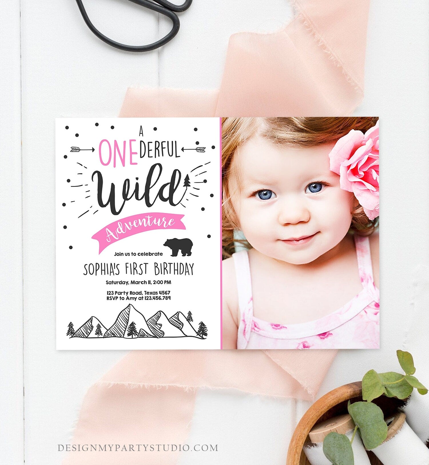 Editable A Onederful Wild Adventure First Birthday Invitation Wild Things Girl Pink Mountains Bear Lumberjack Woodland Corjl Template 0083
