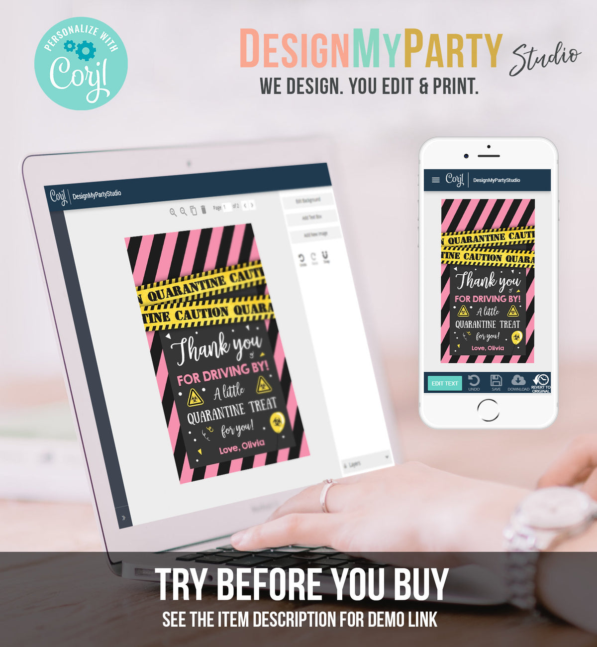 Editable Drive By Birthday Favor Tags Pink Girl Quarantine Thank You Tag Drive Through Party No One Invited Corjl Template Printable 0334