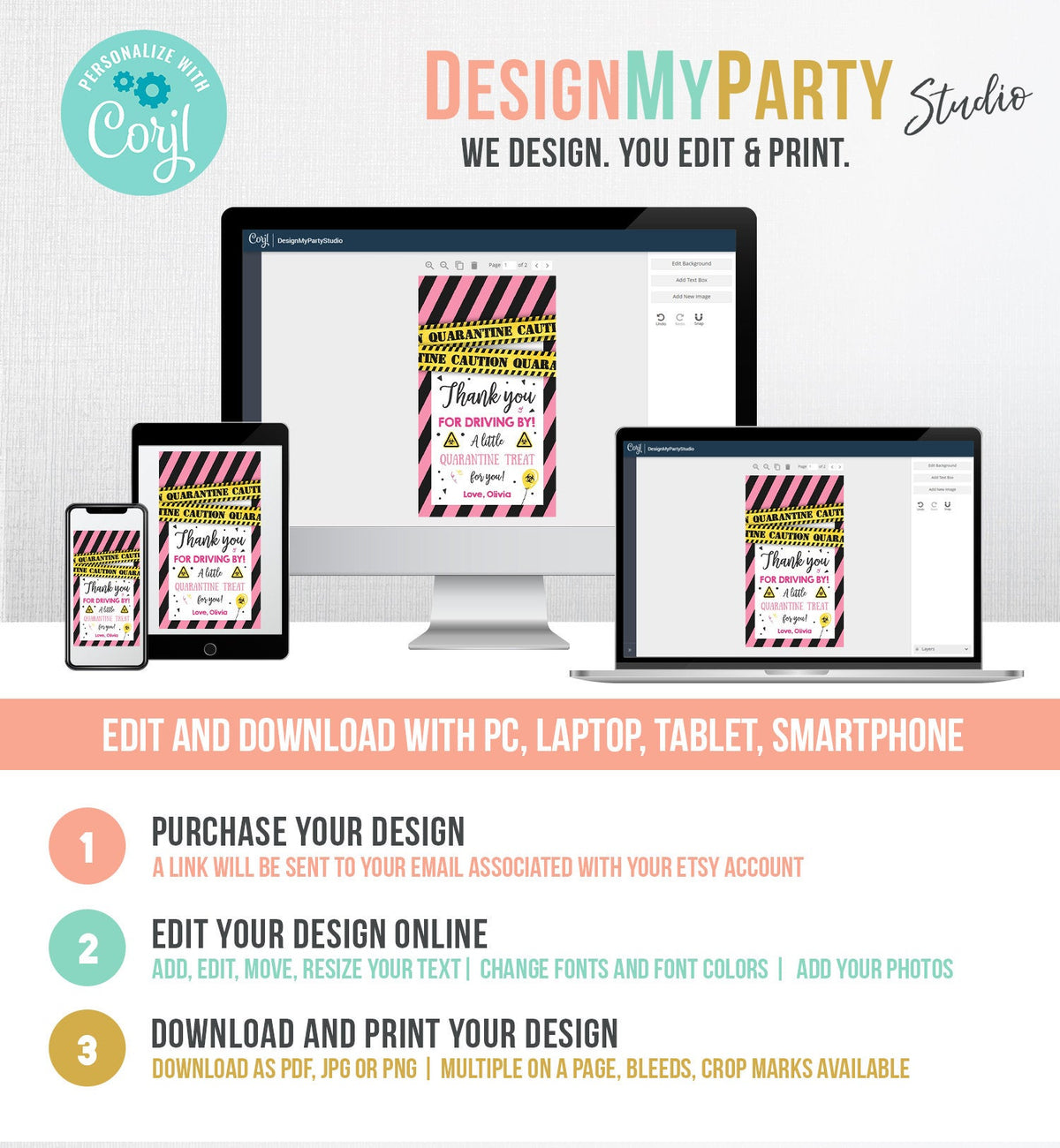 Editable Drive By Birthday Favor Tags Pink Girl Quarantine Thank You Tag Drive Through Party No One Invited Corjl Template Printable 0334