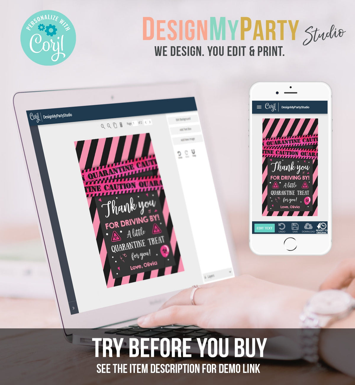Editable Drive By Birthday Favor Tags Pink Girl Quarantine Thank You Tag Drive Through Party No One Invited Corjl Template Printable 0334