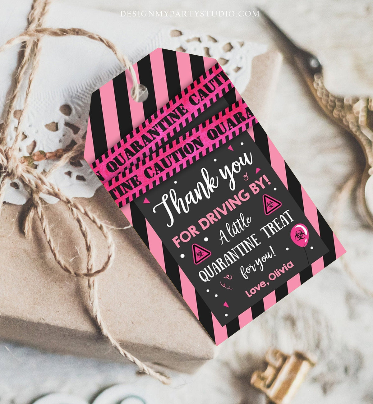 Editable Drive By Birthday Favor Tags Pink Girl Quarantine Thank You Tag Drive Through Party No One Invited Corjl Template Printable 0334