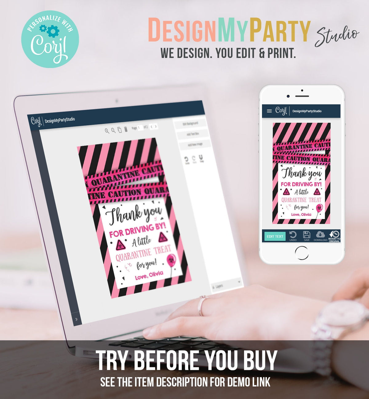 Editable Drive By Birthday Favor Tags Pink Girl Quarantine Thank You Tag Drive Through Party No One Invited Corjl Template Printable 0334