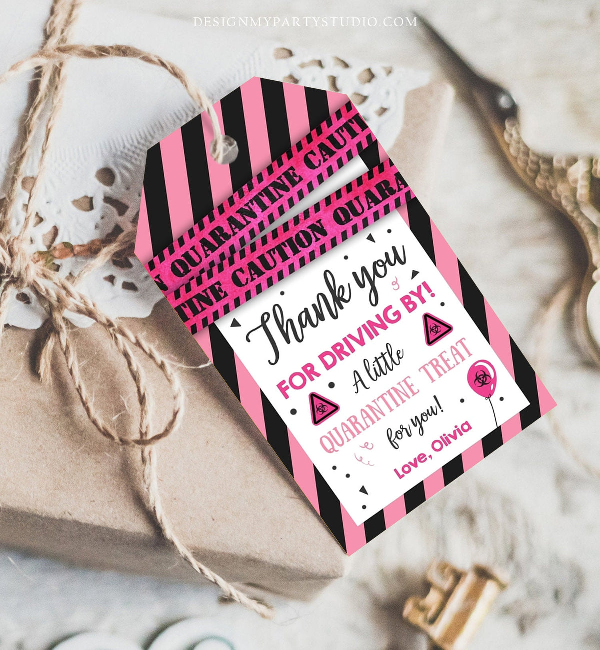 Editable Drive By Birthday Favor Tags Pink Girl Quarantine Thank You Tag Drive Through Party No One Invited Corjl Template Printable 0334