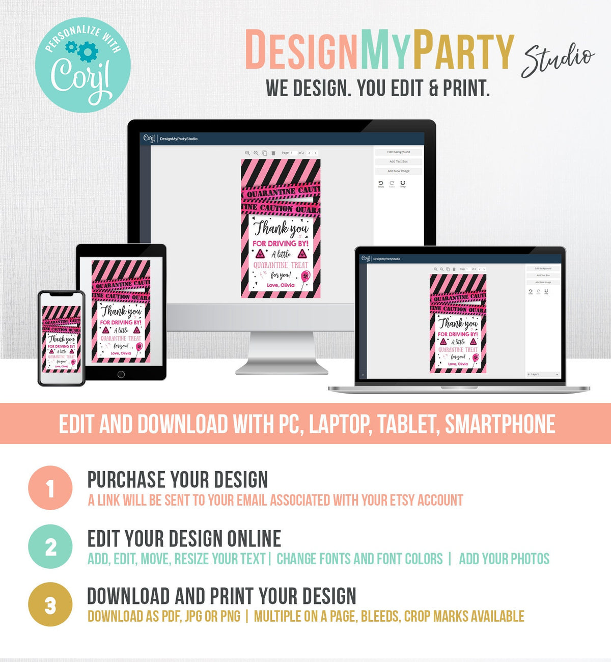 Editable Drive By Birthday Favor Tags Pink Girl Quarantine Thank You Tag Drive Through Party No One Invited Corjl Template Printable 0334