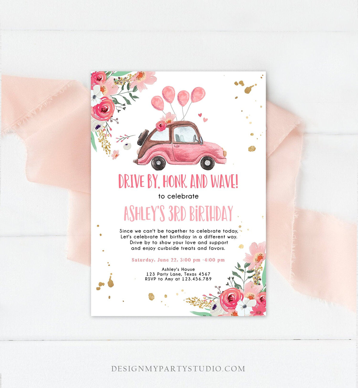Editable Drive By Birthday Parade Invitation Virtual Party Invite Honk Wave Car Girl Pink Quarantine Instant Download Digital Corjl 0335
