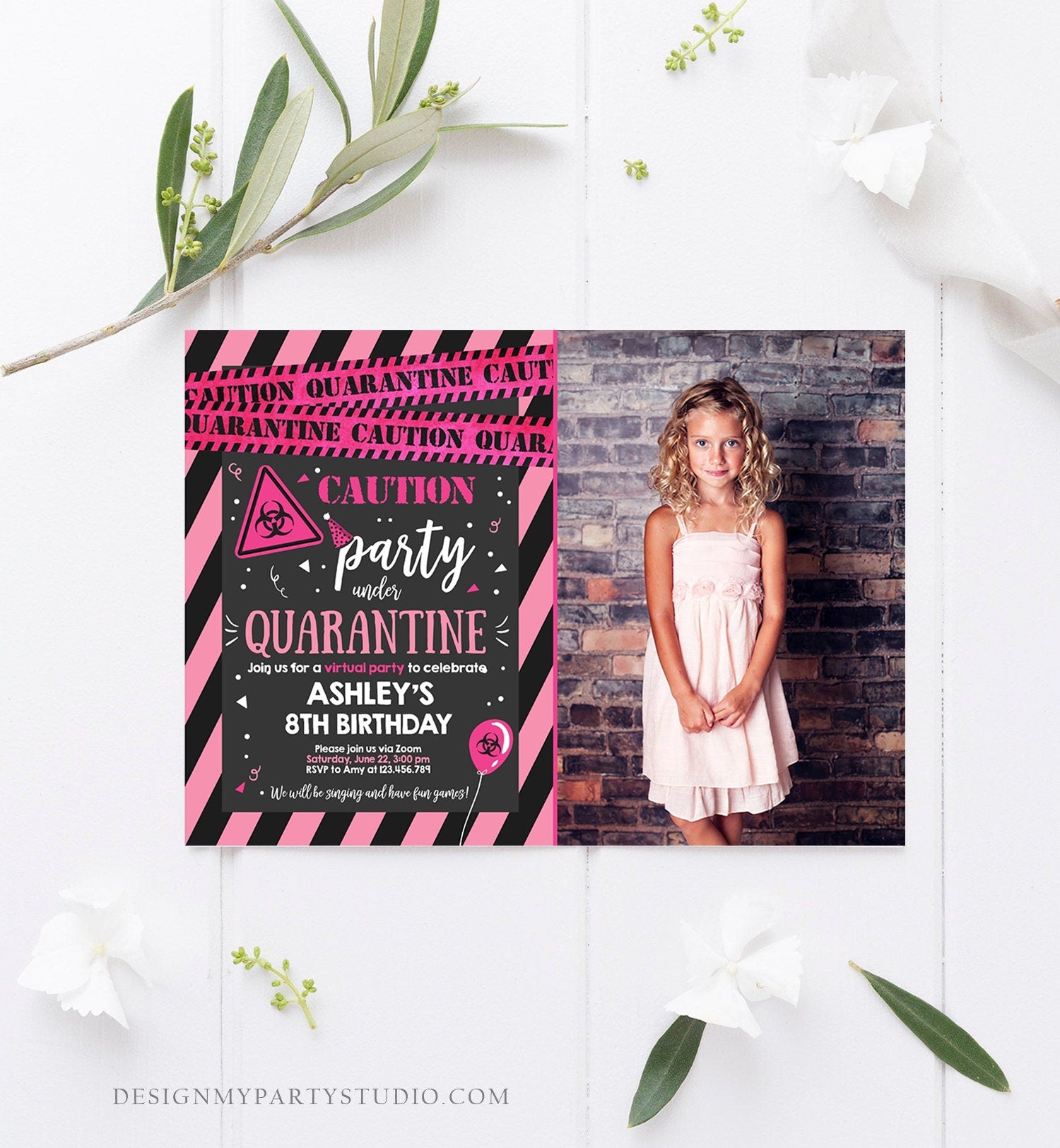 Editable Quarantine Birthday Invitation Virtual Party Quarantine Party Zoom Girl Pink No One Invited Hangout Corjl Template Printable 0334