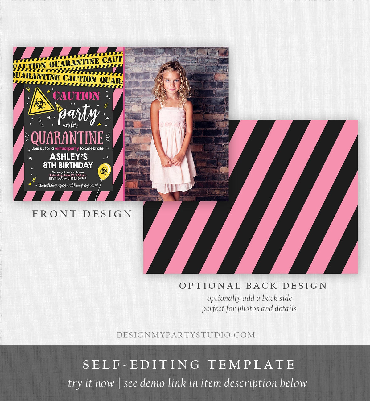 Editable Quarantine Birthday Invitation Virtual Party Quarantine Party Zoom Girl Pink No One Invited Hangout Corjl Template Printable 0334