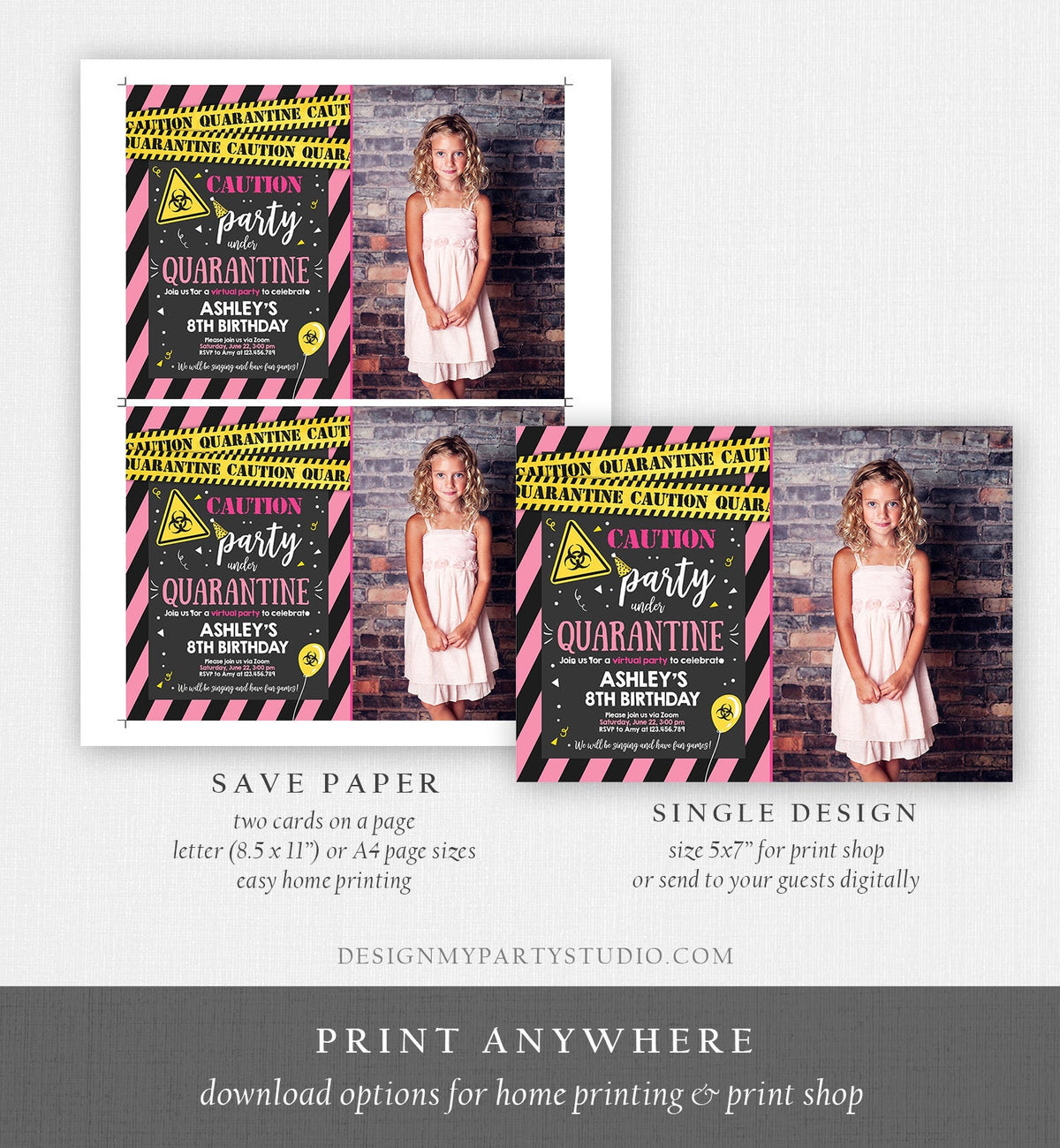 Editable Quarantine Birthday Invitation Virtual Party Quarantine Party Zoom Girl Pink No One Invited Hangout Corjl Template Printable 0334