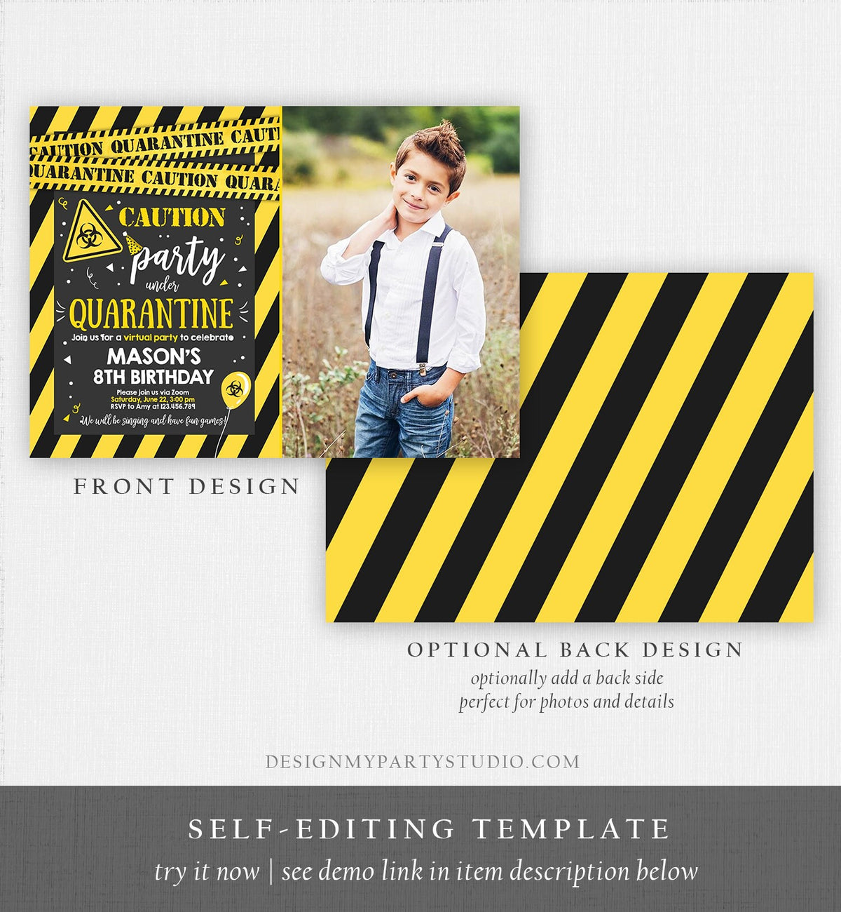 Editable Quarantine Birthday Invitation Virtual Party Quarantine Party Zoom Boy Photo No One Invited Hangout Corjl Template Printable 0334
