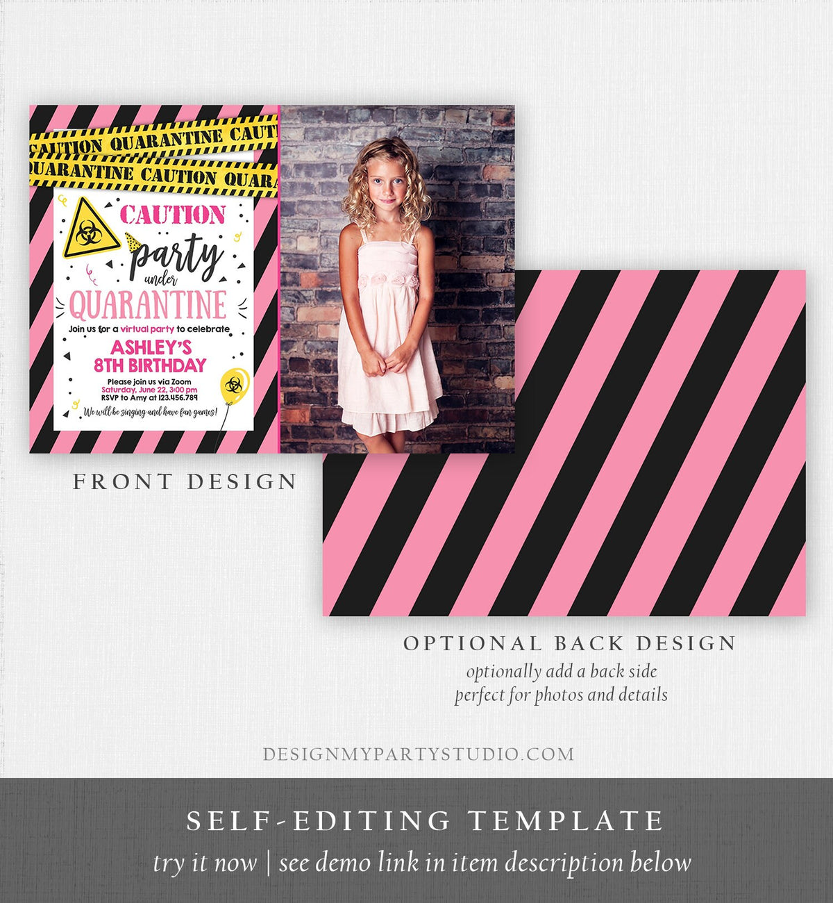 Editable Quarantine Birthday Invitation Virtual Party Quarantine Party Zoom Girl Pink No One Invited Hangout Corjl Template Printable 0334