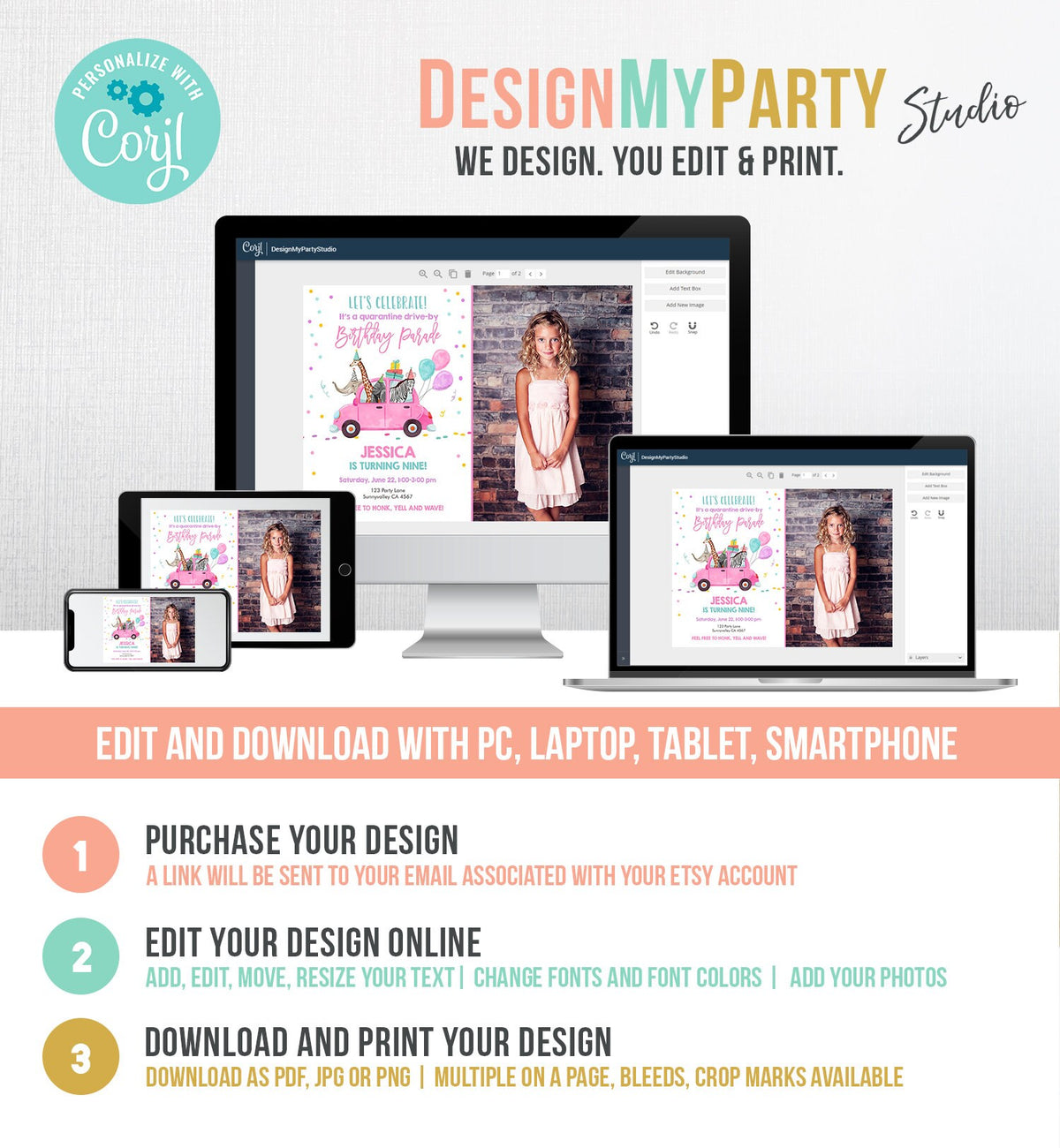 Editable Drive By Birthday Parade Invitation Party Animals Virtual Birthday Party Girl Pink Car Quarantine Digital Corjl Template 0333