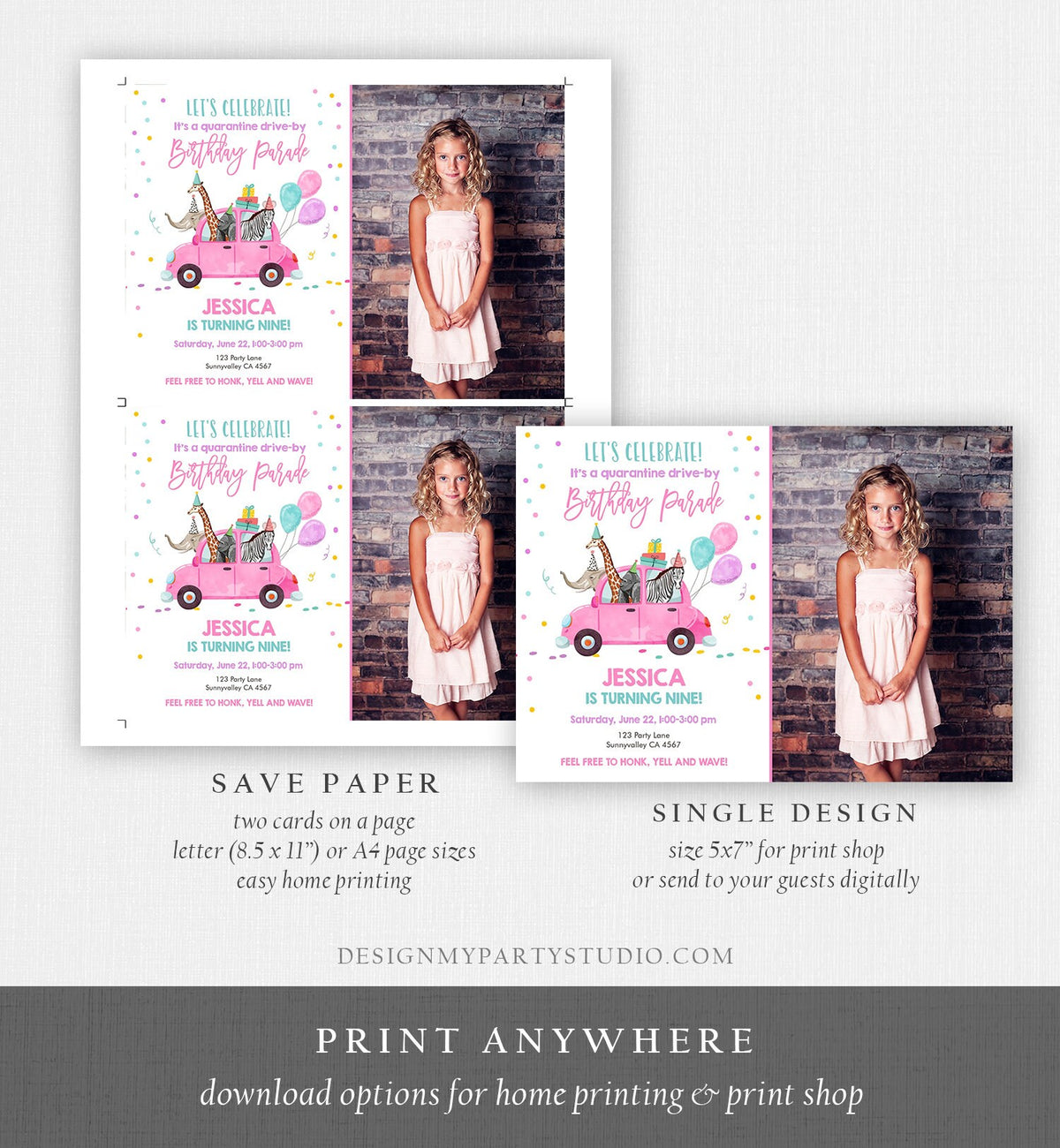 Editable Drive By Birthday Parade Invitation Party Animals Virtual Birthday Party Girl Pink Car Quarantine Digital Corjl Template 0333