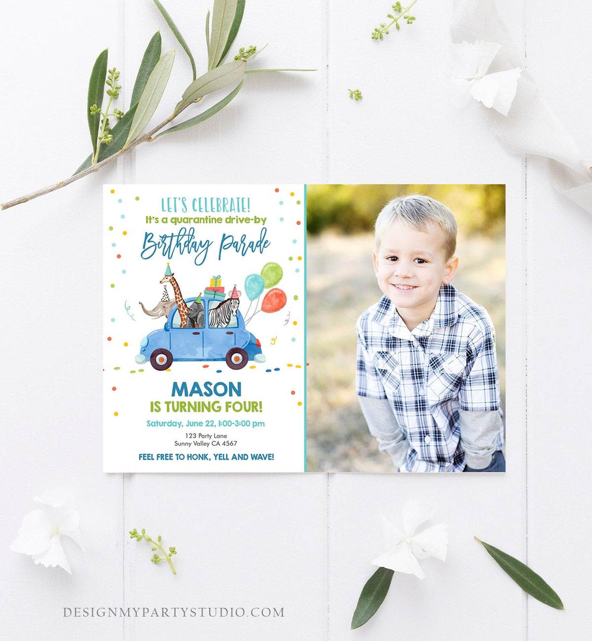 Editable Drive By Birthday Parade Invitation Virtual Party Invite Honk Wave Boy Blue Car Party Animals Instant Download Digital Corjl 0333