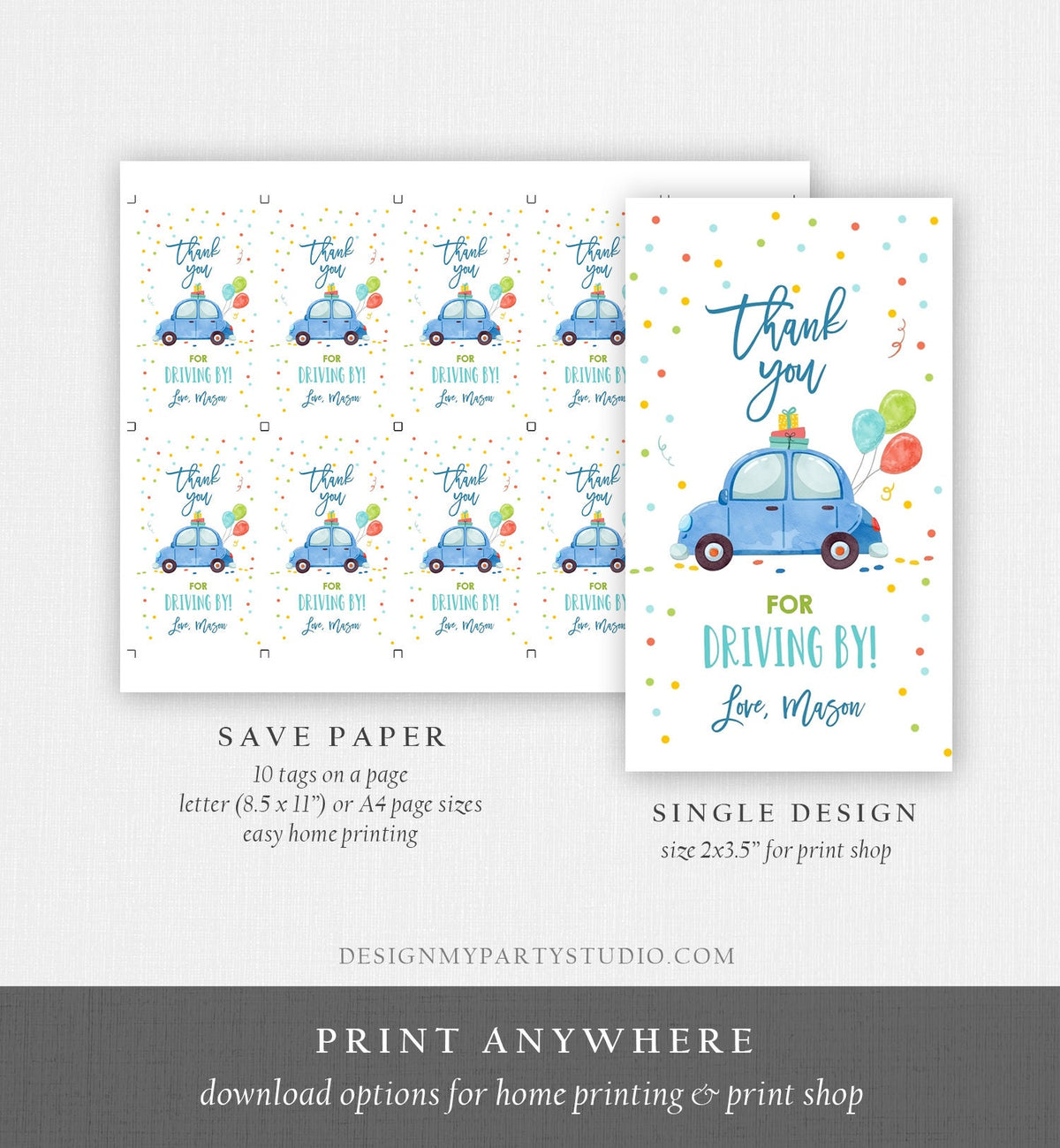 Editable Drive By Favor Tag Drive By Birthday Favors Party Parade Thank You Gift Tags Quarantine Blue Car Boy Corjl Template Printable 0333
