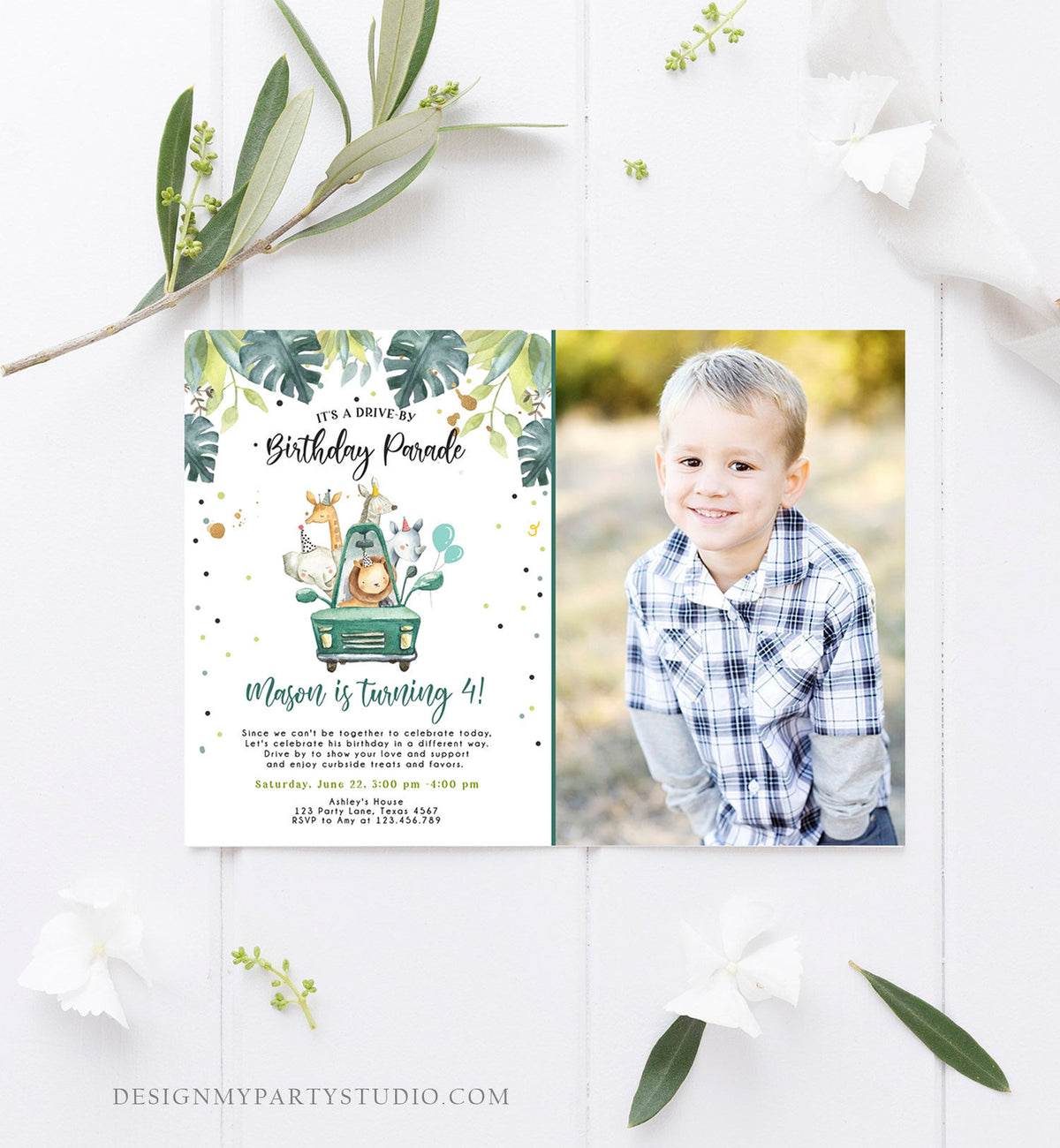 Editable Drive By Birthday Invitation Safari Animals Party Animals Drive Through Quarantine Blue Boy Car Download Corjl Template 0163