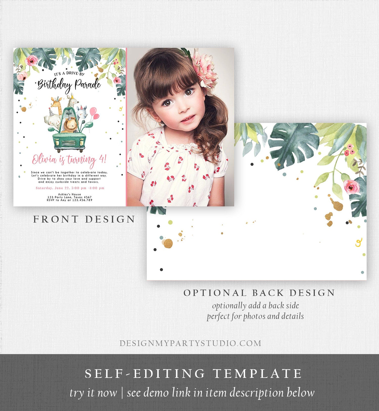 Editable Drive By Birthday Invitation Safari Animals Party Animals Drive Through Quarantine Pink Girl Car Download Corjl Template 0345