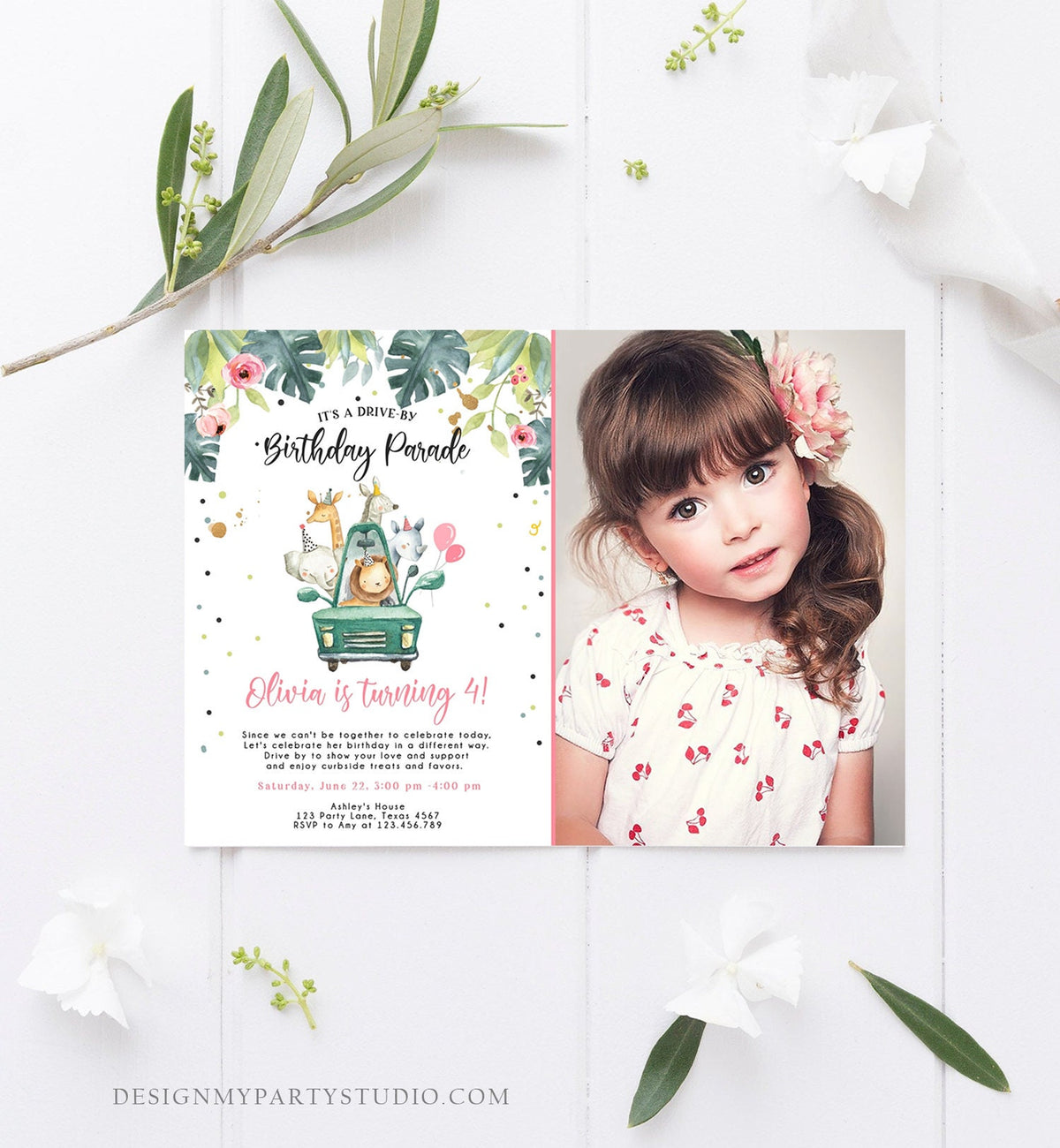 Editable Drive By Birthday Invitation Safari Animals Party Animals Drive Through Quarantine Pink Girl Car Download Corjl Template 0345