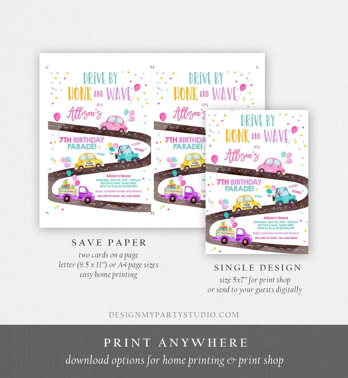 Editable Drive By Birthday Parade Invitation Virtual Party Invite Honk Wave Car Girl Pink Quarantine Instant Download Digital Corjl 0333