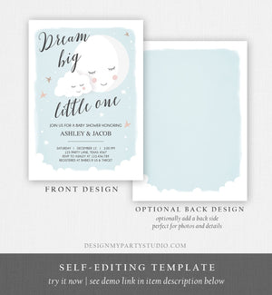 Editable Dream Big Little One Baby Shower Invitation Stars Moon and Back Invites Blue Boy Baby Shower Sprinkle Template Download Corjl 0113