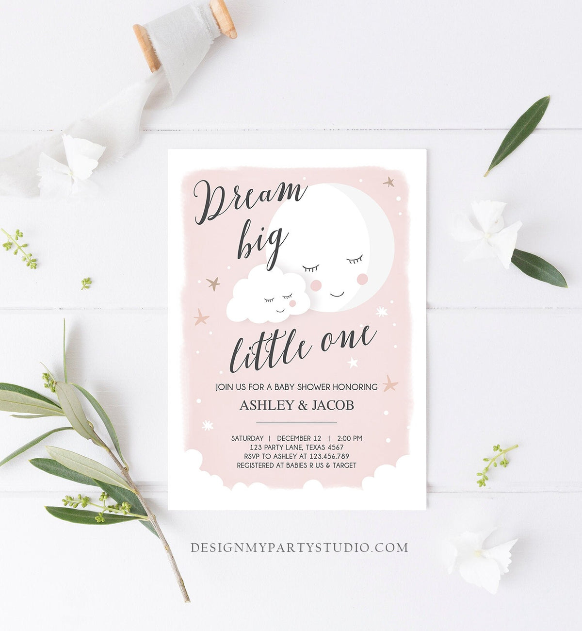 Editable Dream Big Little One Baby Shower Invitation Stars Moon and Back Invites Pink Girl Baby Shower Sprinkle Template Download Corjl 0113